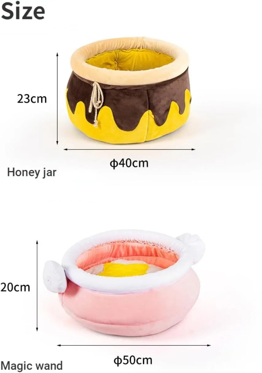 Pink honey pot-shaped cat sofa bed with a large soft interior and a removable cushion.