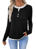 Women's two-piece style pullover sweater in concave stripe polyester with round neck button detail