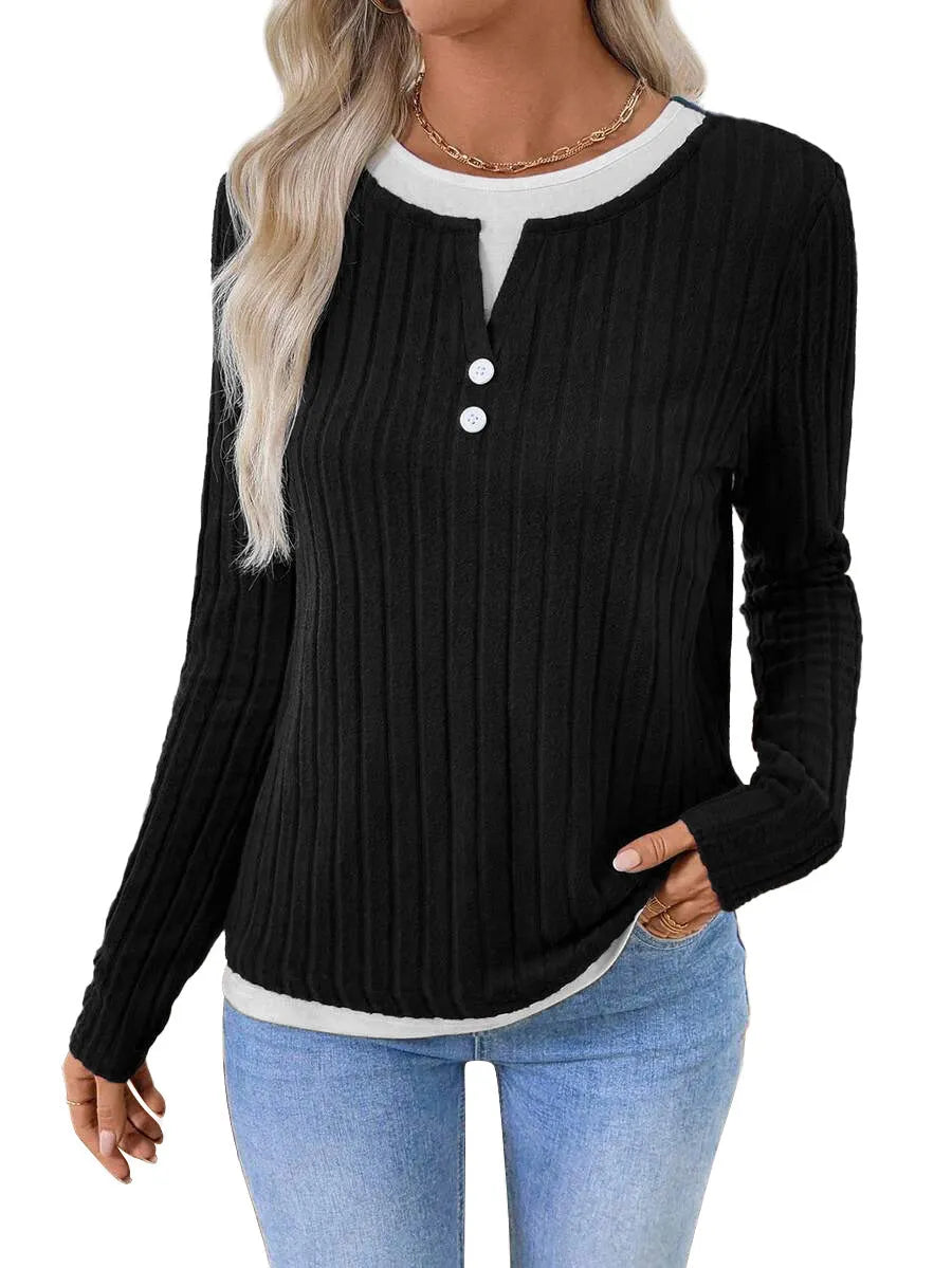 Women's two-piece style pullover sweater in concave stripe polyester with round neck button detail
