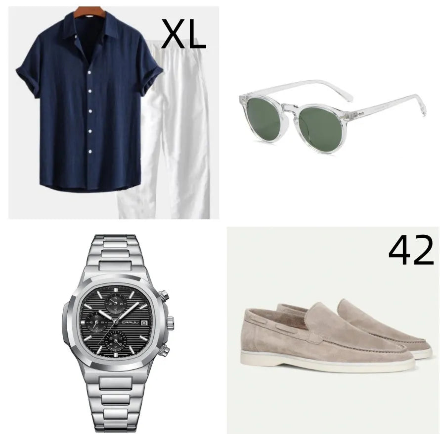 A navy blue casual short sleeve suit with trousers, shown with glasses, shoes, and a watch on a mannequin.