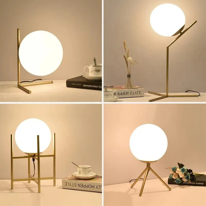 Glass shade LED floor lamp showing three colour temperature options and available in three different sizes.