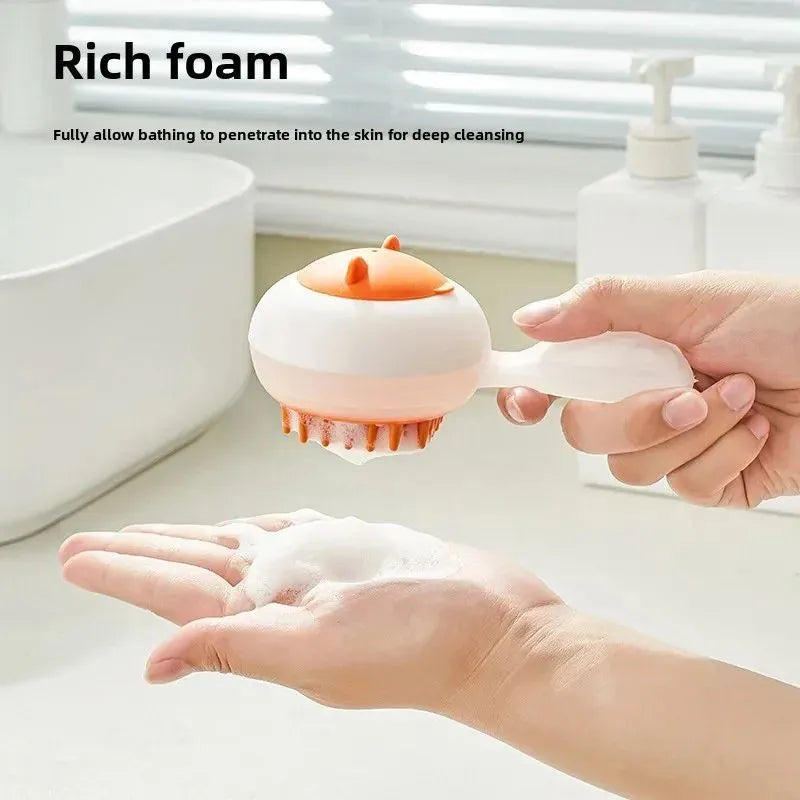 Automatic cleaning pet bath brush with soft gel massage nodes in blue and orange colour options