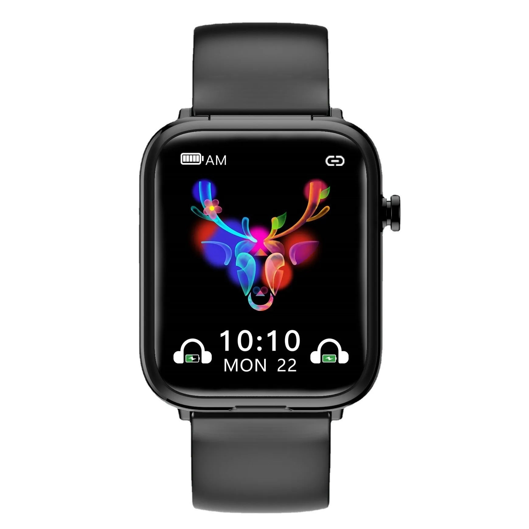 Black all-touch smart Bluetooth headset watch with 1.69-inch screen on wrist, showing charging case with earpieces.