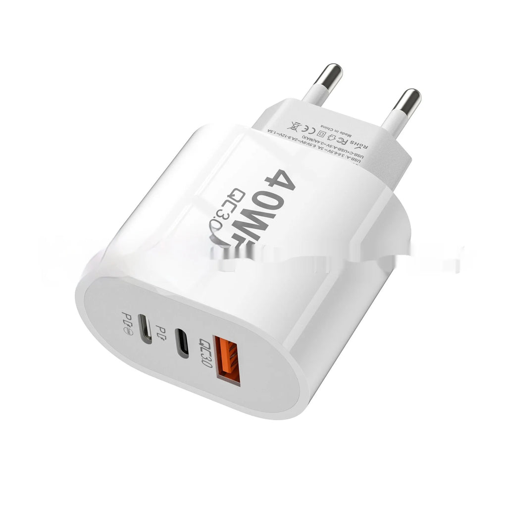 40W multi-port charger for Android mobile phone with EU and US plug options in black, white, and yellow