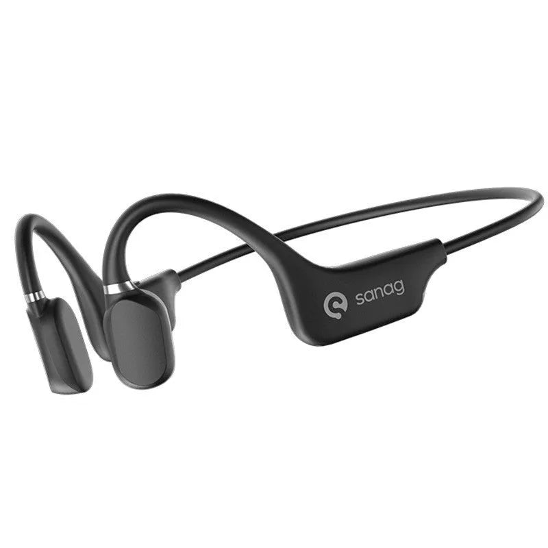 Wireless bone conduction Bluetooth sports headset in a neck-hanging design on a person running.