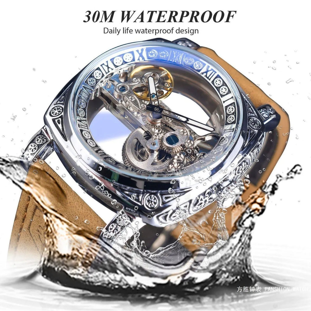 Hollow mechanical watch for men business style GMT1235-3 15mm thickness open-worked dial