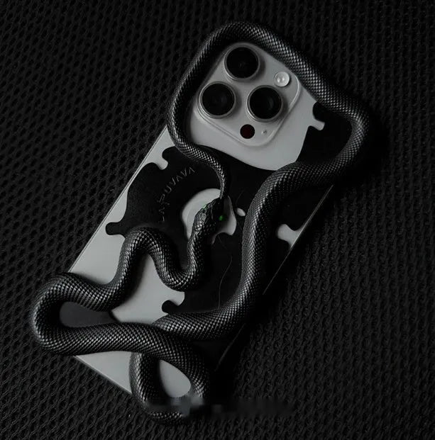 Tailed snake hollowed-out decorative phone case in black stone pattern for iPhone