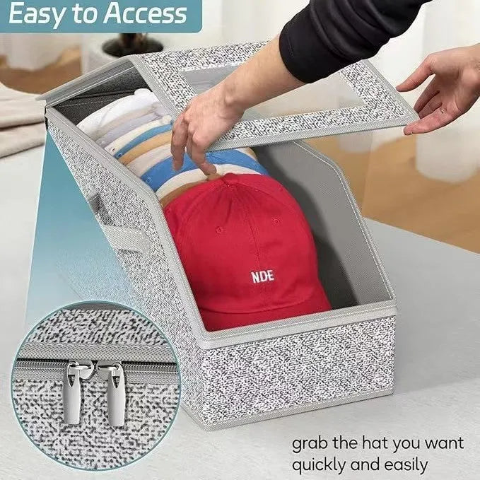 Grey foldable storage box with dimensions 42cm by 22cm by 17cm for cap and household organisation