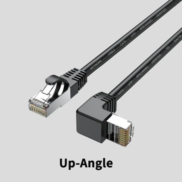 Coloured Cat6 Ethernet cable with a right-angled metal RJ45 connector plug in a choice of four orientations.
