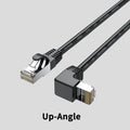 Coloured Cat6 Ethernet cable with a right-angled metal RJ45 connector plug in a choice of four orientations.