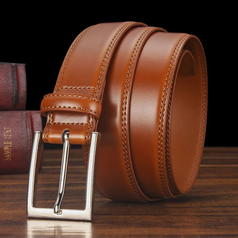Men's genuine leather belt with an alloy pin buckle shown in a classic brown colour.