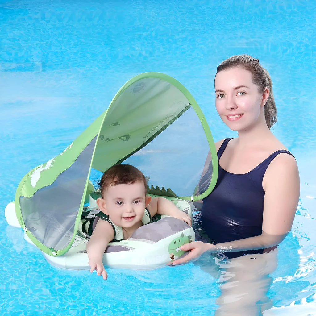 Avocado green dinosaur baby swimming ring with sun shade inflated