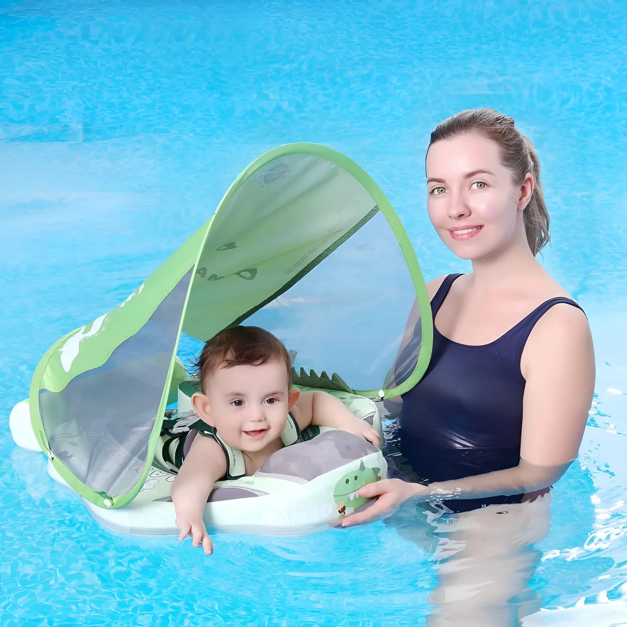 Avocado green dinosaur baby swimming ring with sun shade inflated