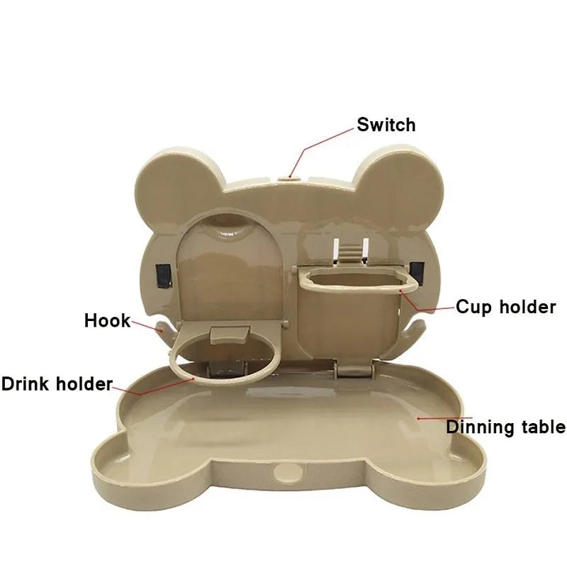 Child car seat table tray in black, with side hooks and a flat surface for snacks and drinks, size 20 x 23.5 cm