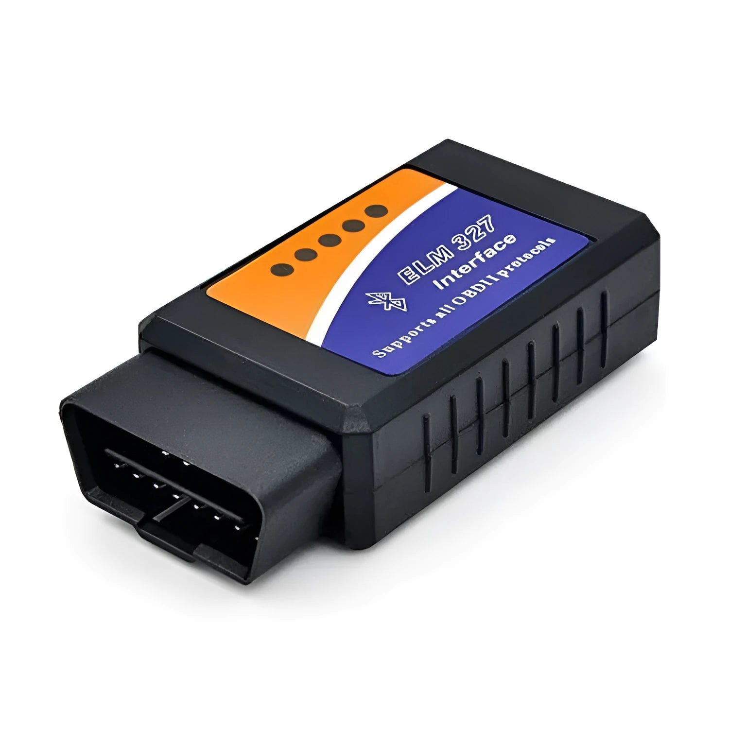 Small black ELM327 OBD2 Bluetooth diagnostic scanner next to a vehicle's OBD2 port.