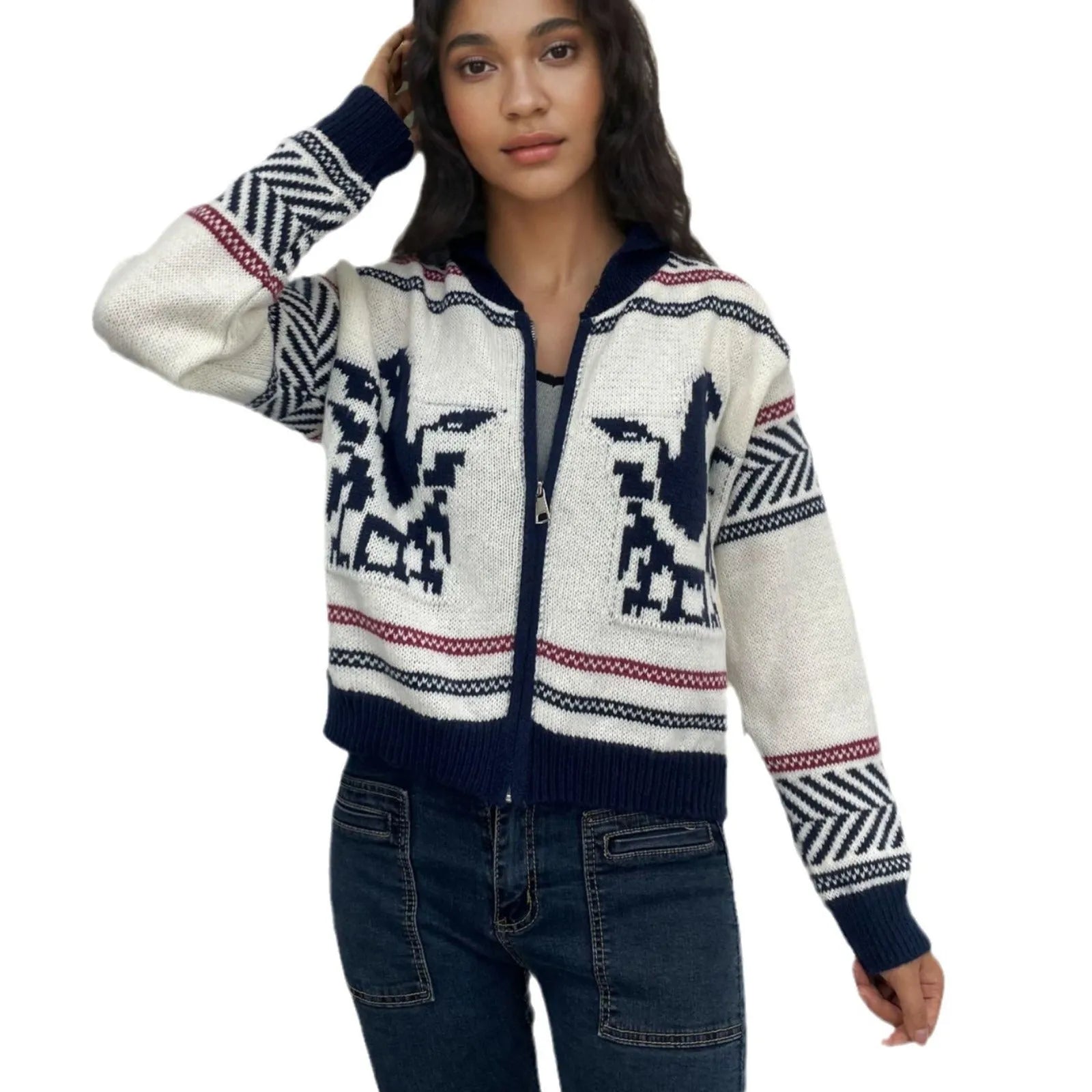 White women's zip-front cardigan with contrast colour jacquard stripes, short lapel design