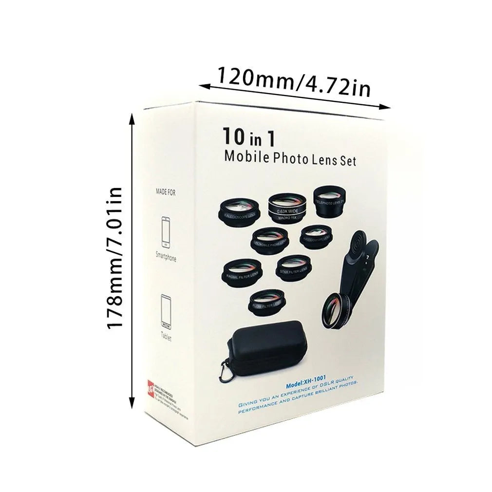 Black ten-in-one smartphone fisheye lens kit with aluminium-magnesium alloy housing and HD glass optics