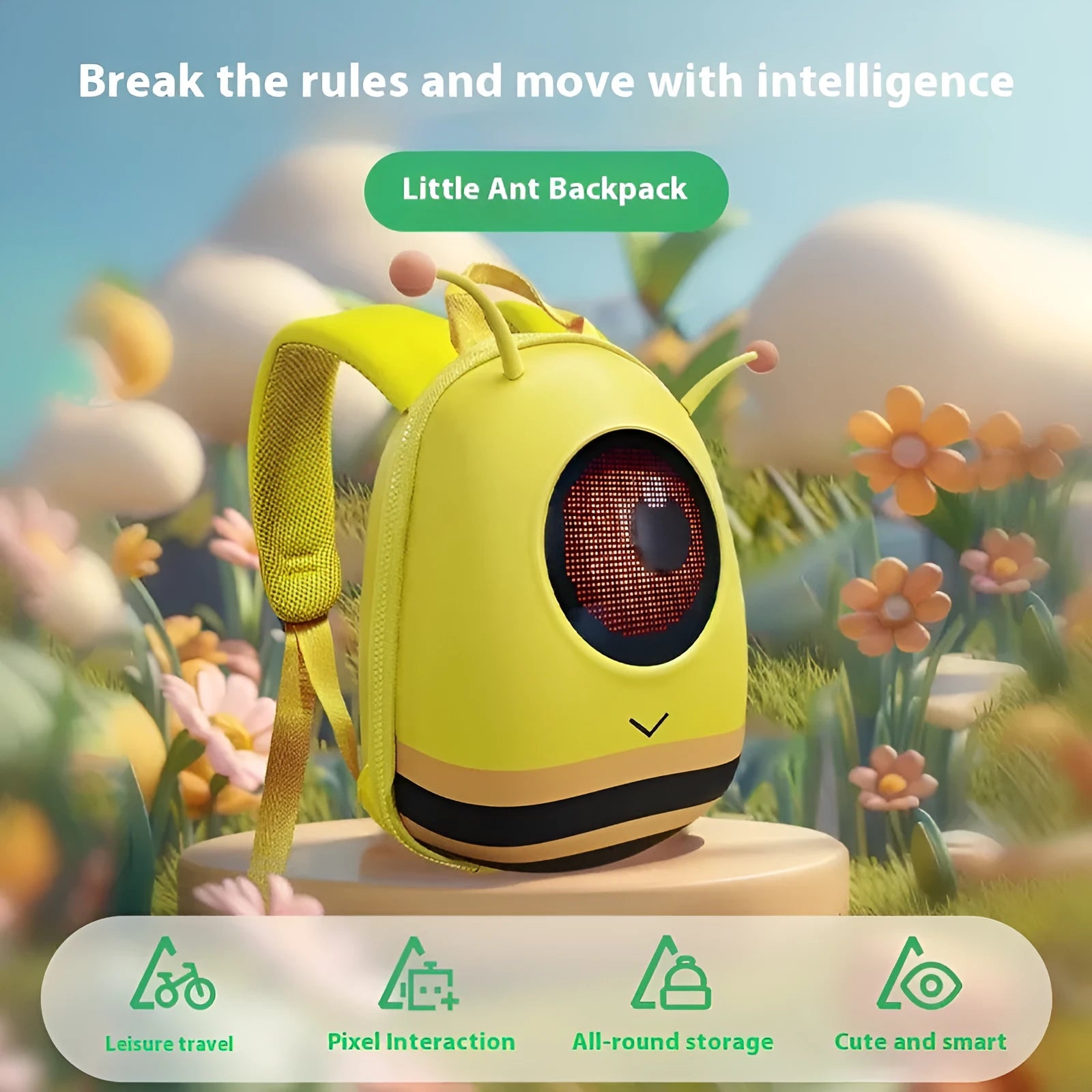 Yellow kids backpack with cartoon animation and eye animation design, EVA waterproof material, 23x12x30cm