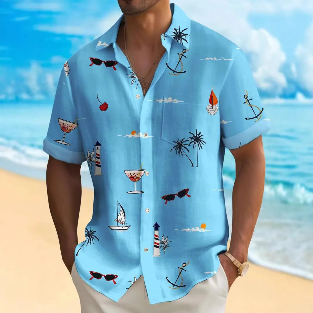 Man wearing a loose-fit, short-sleeve Hawaiian shirt with a vibrant digital print pattern.