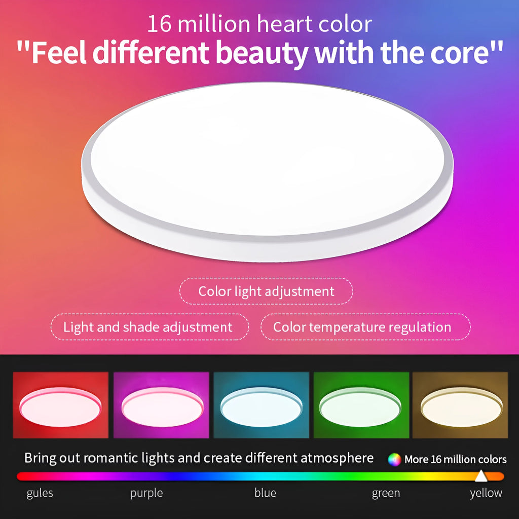 Black RGBCW Bluetooth smart ceiling lamp with round shape and remote control on a white background.