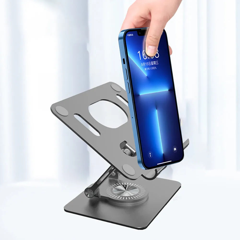 Rotating flat tablet stand in silver or black, metal and silicone, 15cm panel, adjustable height 2-17cm