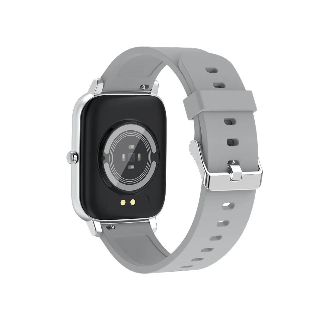 H80 black smartwatch with ECG monitoring on a wrist, showing heart rate data on its 1.69-inch screen.