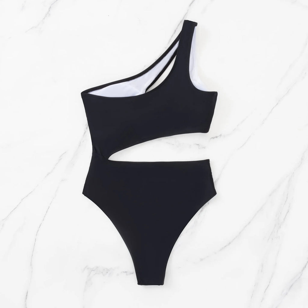Black women's one-piece swimsuit with white stitching and hollow cut-out design
