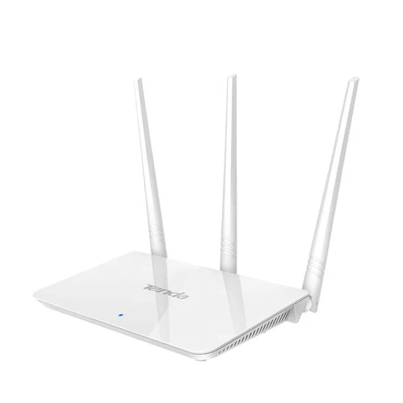 White dual-band wireless router for wired broadband connectivity.