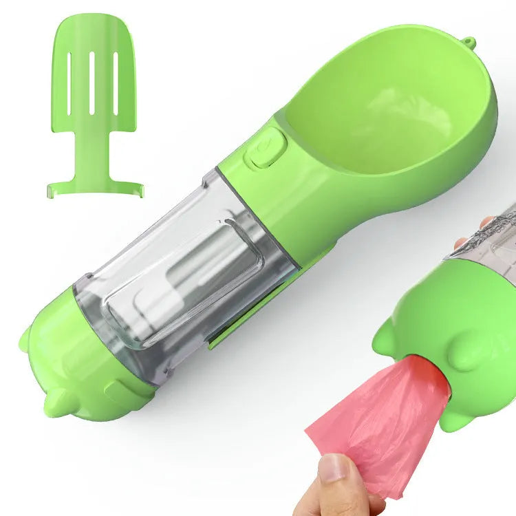Portable 3 in 1 dog water bottle 500ml leak proof with treat holder and poop bag dispenser