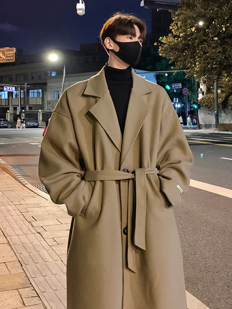 Men's mid-long wool coat in British style, black colour, with side seam pockets