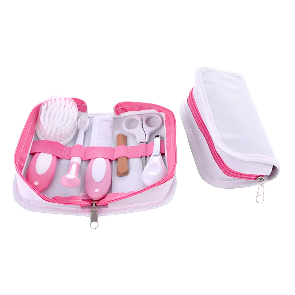 Crimson pink case open to show 6-piece baby nail comb and grooming care set.
