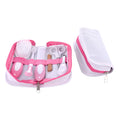 Crimson pink case open to show 6-piece baby nail comb and grooming care set.