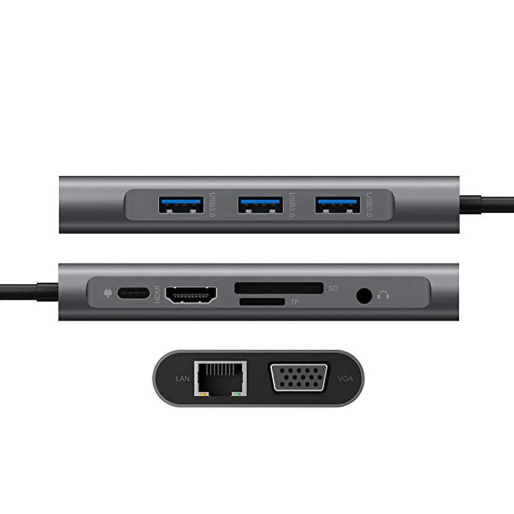 USB-C to HDMI ten-in-one expansion dock in grey with ports and integrated cable