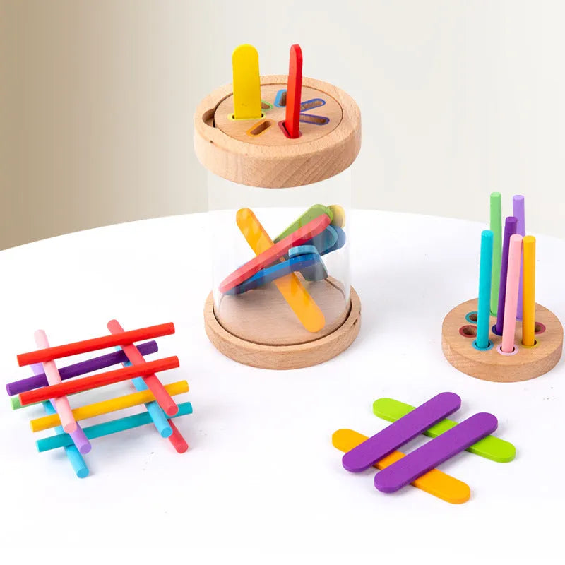 Children's educational wooden toy set with transparent double lid cup, 18 round sticks, and 14 ice cream sticks