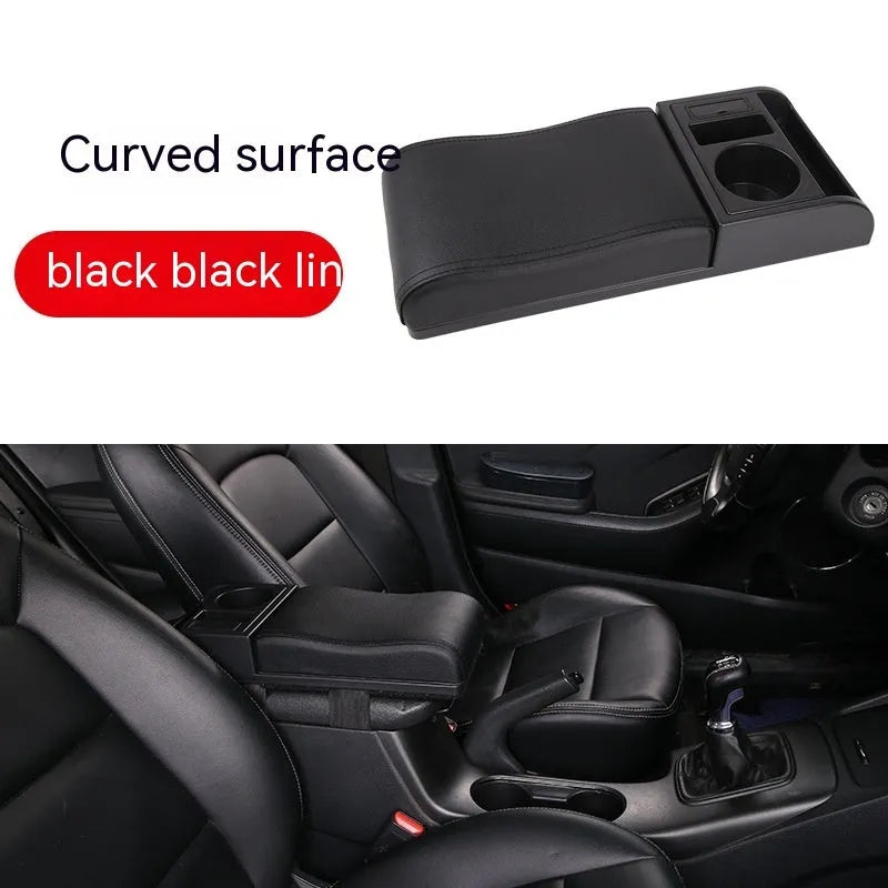 Universal car armrest cover with height adjustment in black PU leather with red stitching