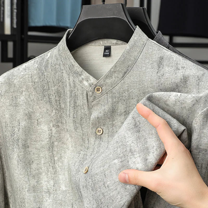 Men's loose fit linen blend stand collar cardigan in black grey