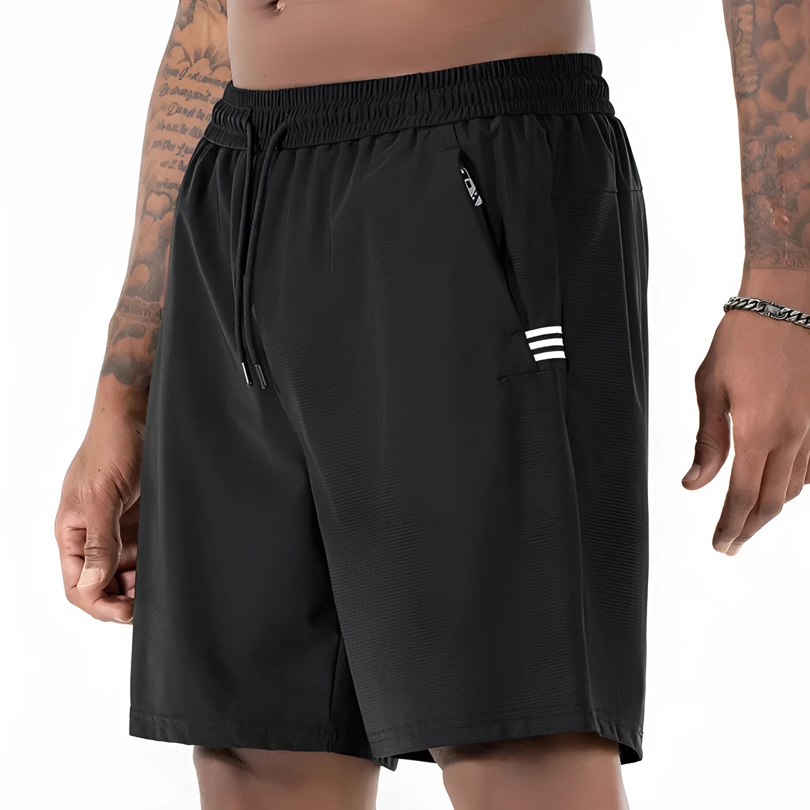 Men's black high-waist quick-drying nylon ice silk sports shorts on a hanger.