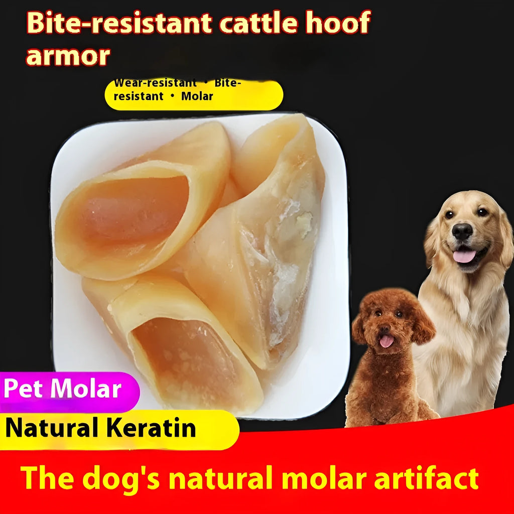 Natural cowhide anti-bite grinding rod dog chew in hoof shell colour, shown in small and large sizes.
