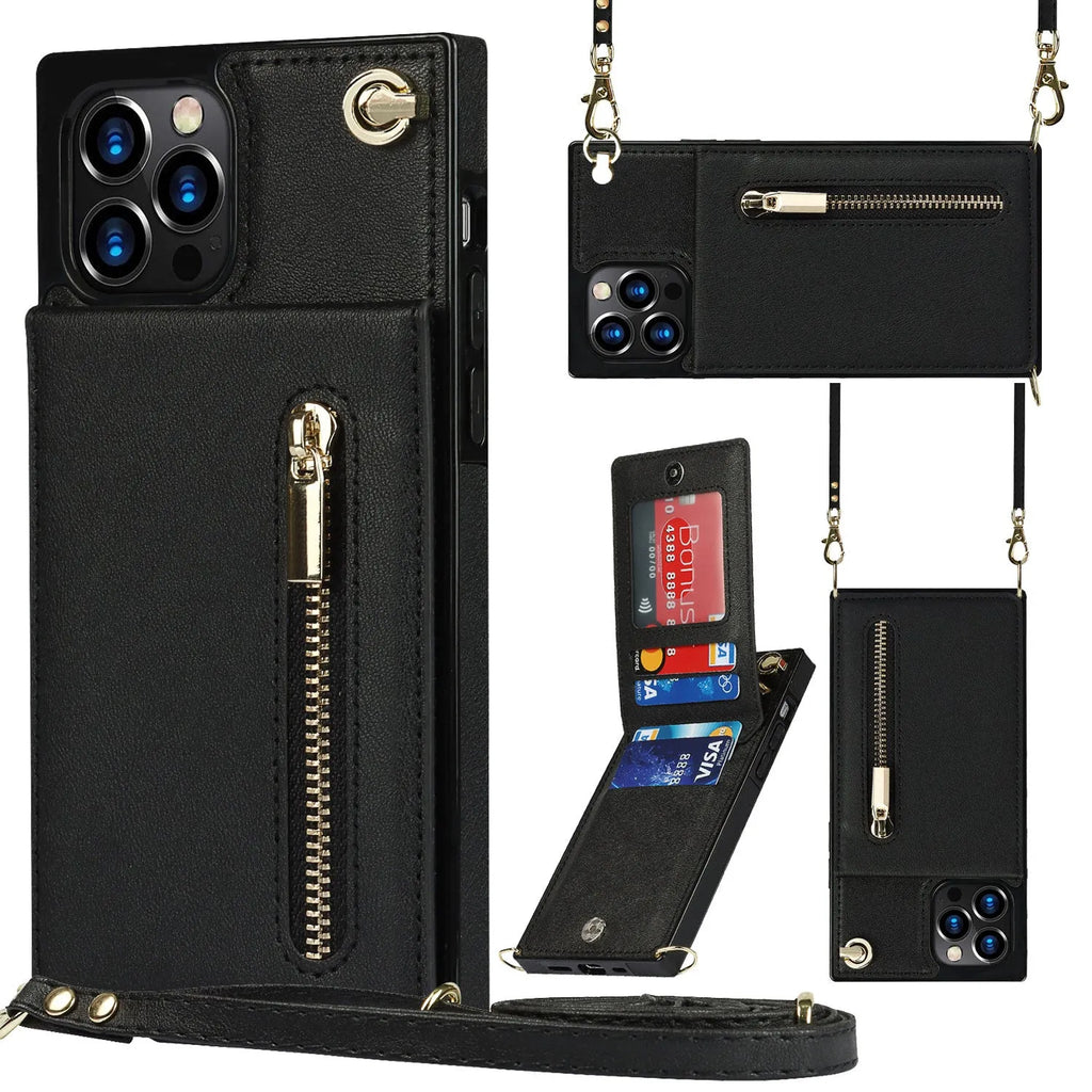A black mobile phone case made of TPU with a leather section, shown fitted on a smartphone.