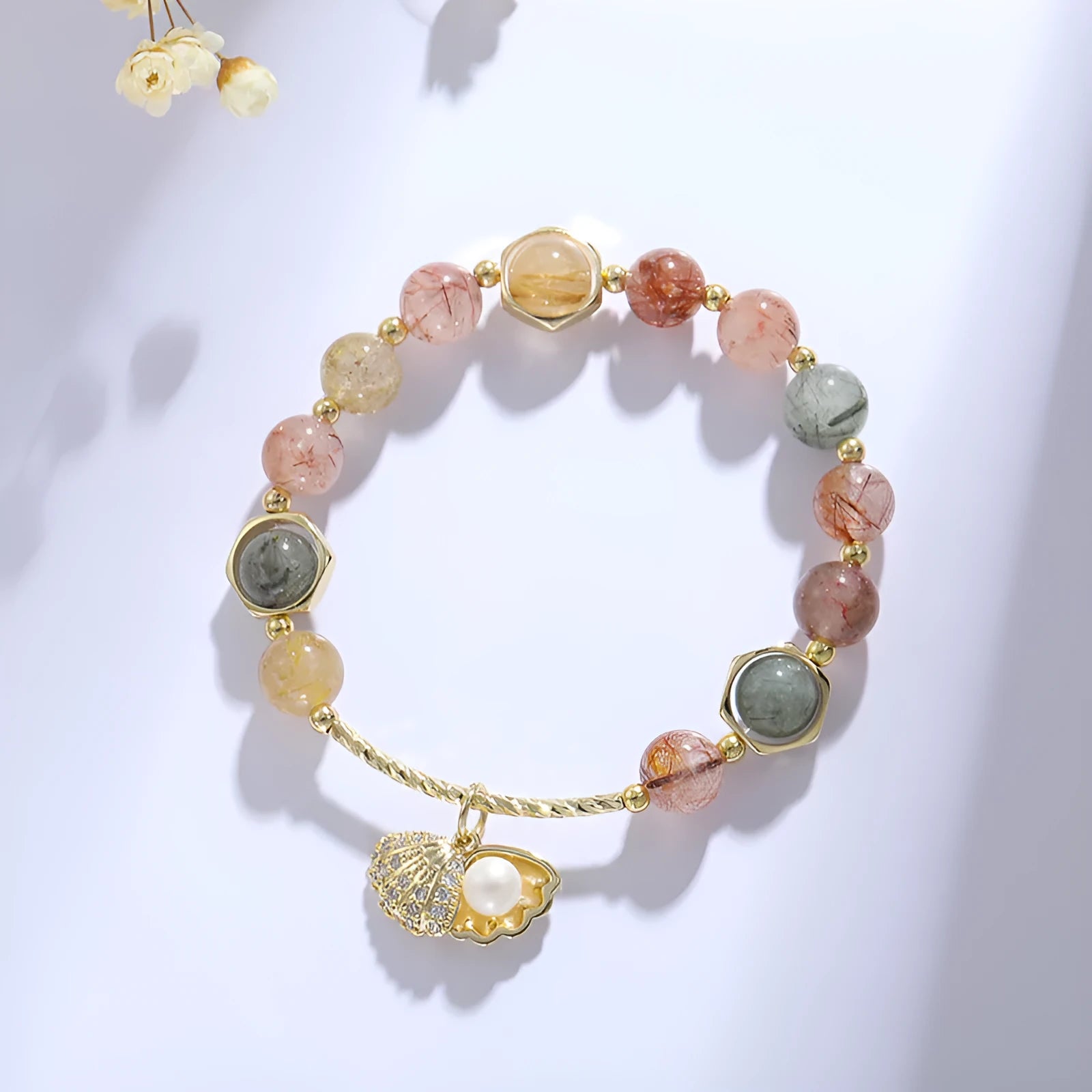 Women's cartoon crystal bracelet with colourful hair crystal shell and red sealant flower shell design
