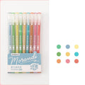 Set of nine colourful 0.5mm needle tip gel pens arranged in a box, showing Nordic, Retro, Salt, and Sweet series options.