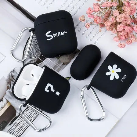 PC material wireless headset back cover compatible with Apple AirPods in black or pink with decorative patterns