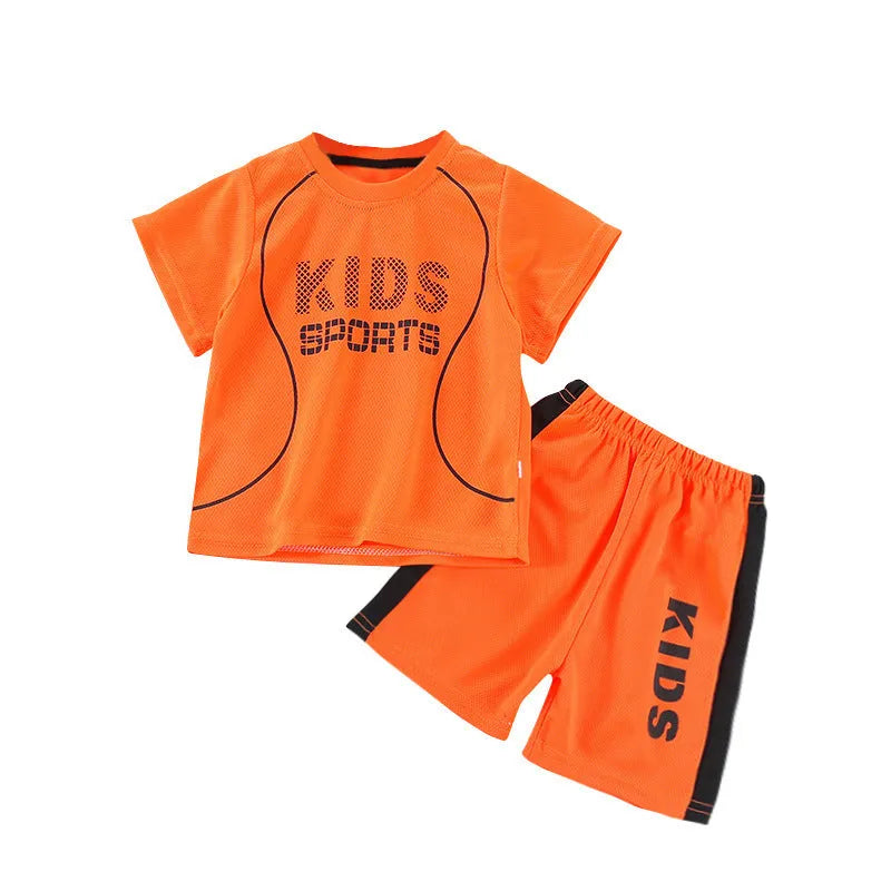 Children short-sleeved sportswear set with letter print, polyester blend, available in multiple colours for boys and girls