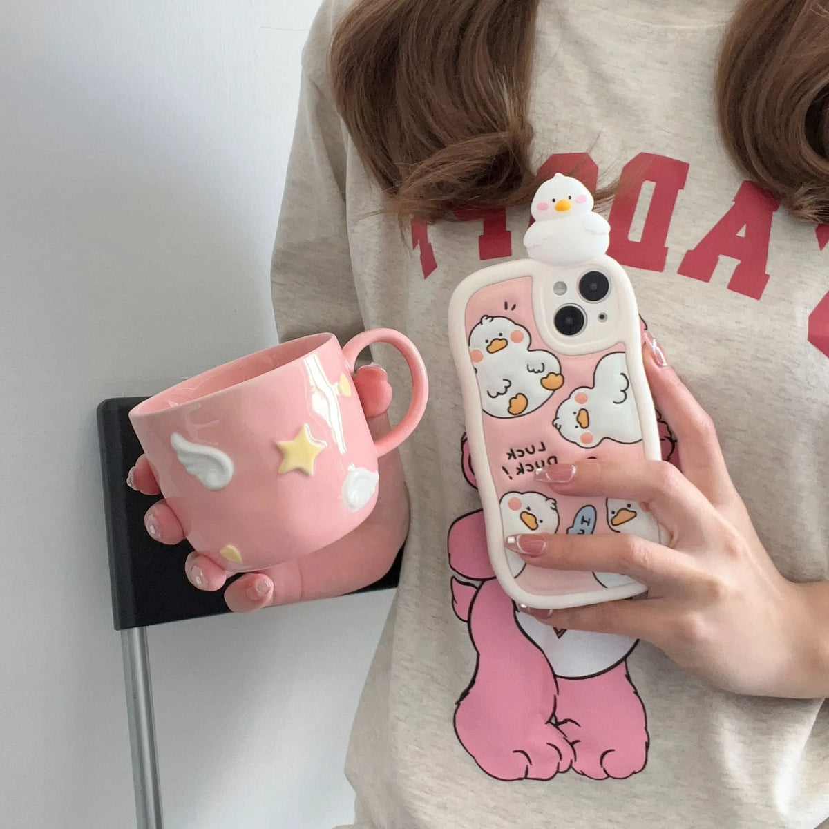 Cute three-dimensional duck TPU phone case for iPhone back cover, Pink Tulips colour, with duck design raised from surface