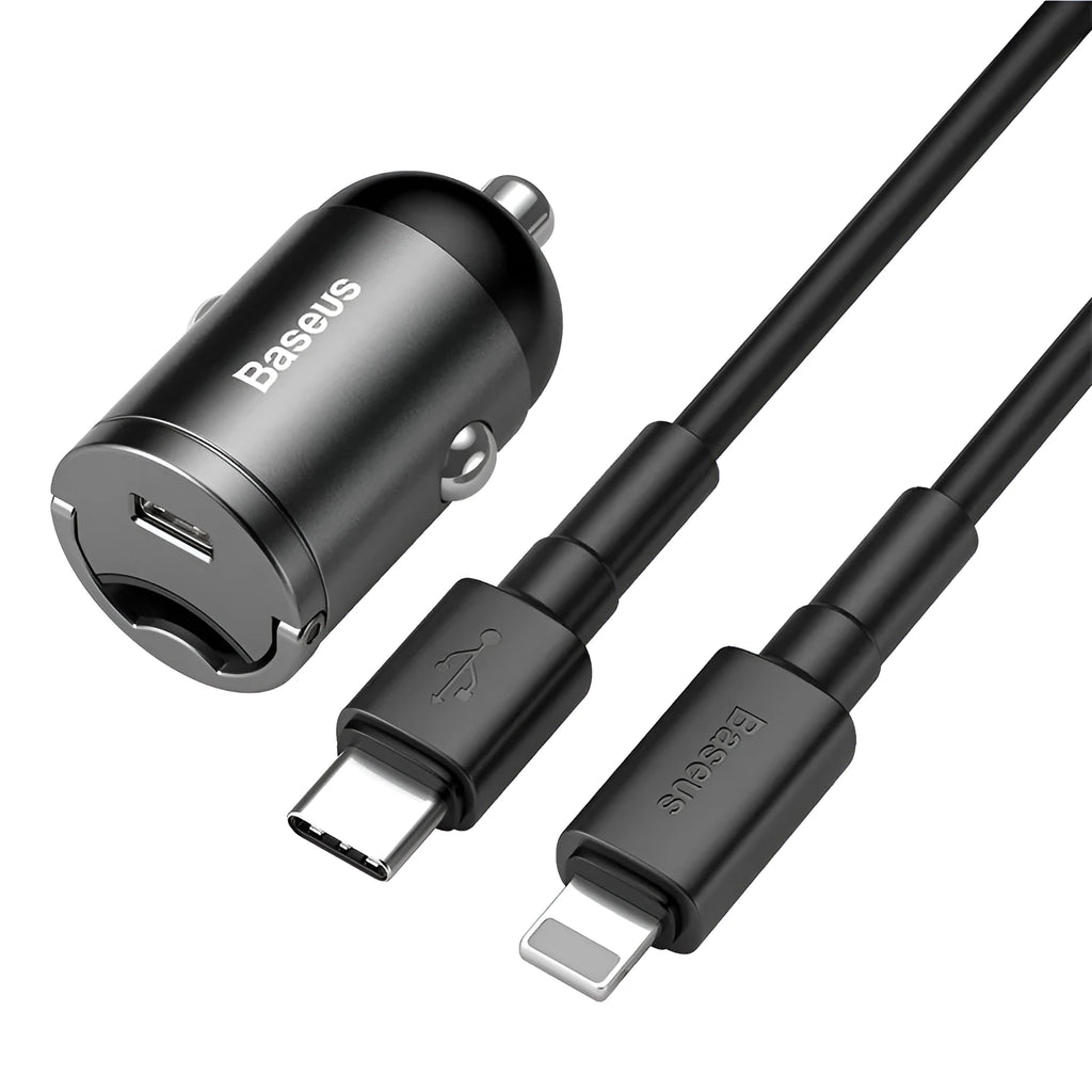 Grey Baseus 30W PPS fast car charger with single USB port and attached cable.