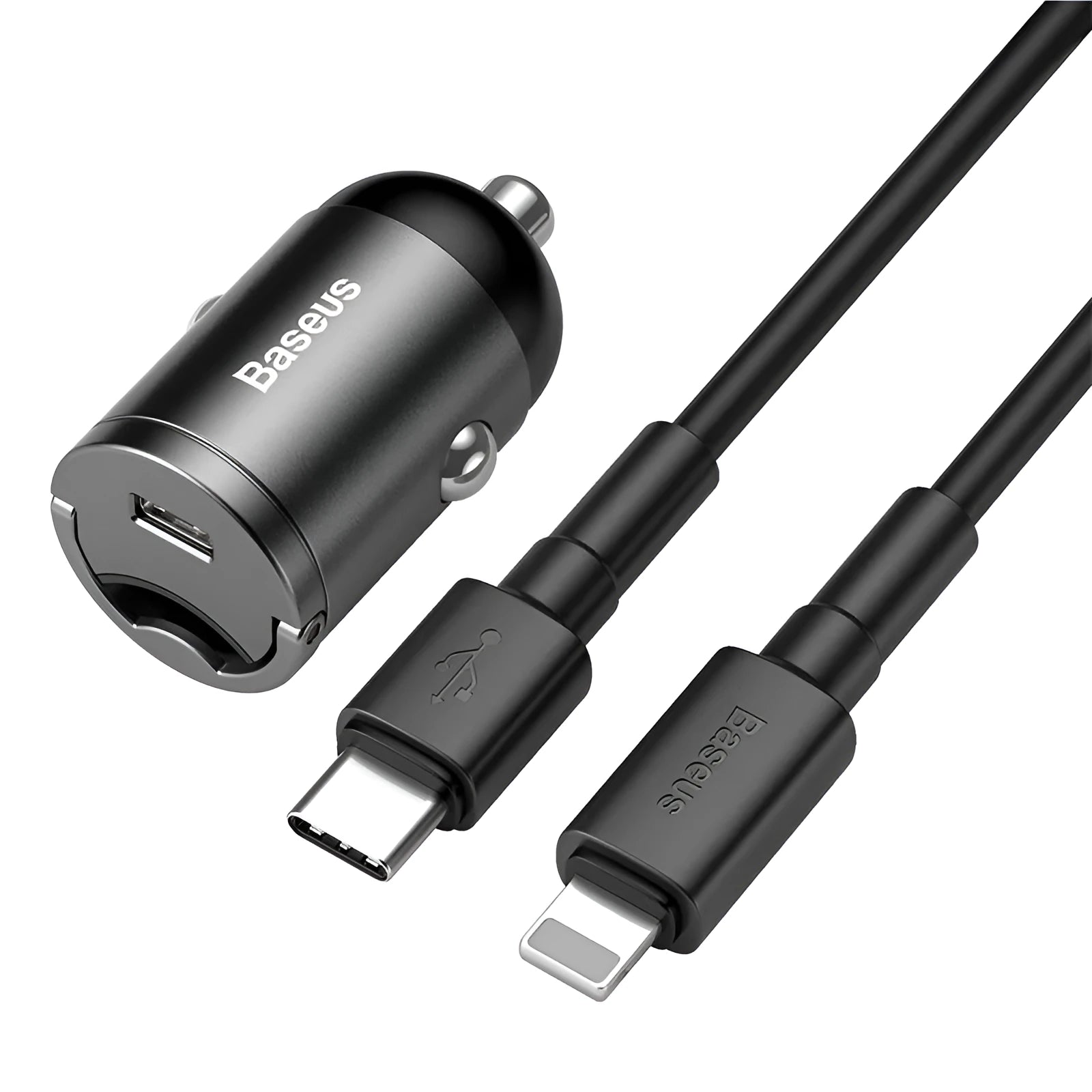 Grey Baseus 30W PPS fast car charger with single USB port and attached cable.