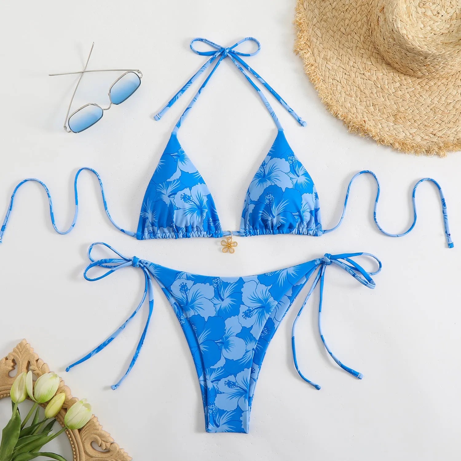 Double-sided bikini swimsuit with polo neck front lace-up, high-waist briefs, light blue colour, polyester fabric, sleeves swimming wading