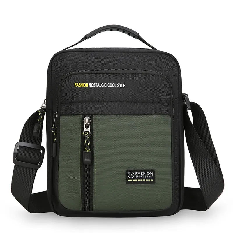 Men's casual nylon messenger crossbody bag with sewing thread detail, shown in green colour.