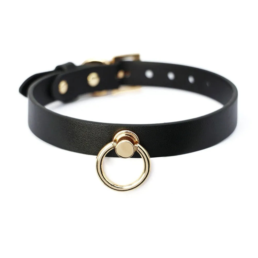 Black genuine cowhide leather adult collar with a metal drag chain and included pull lead