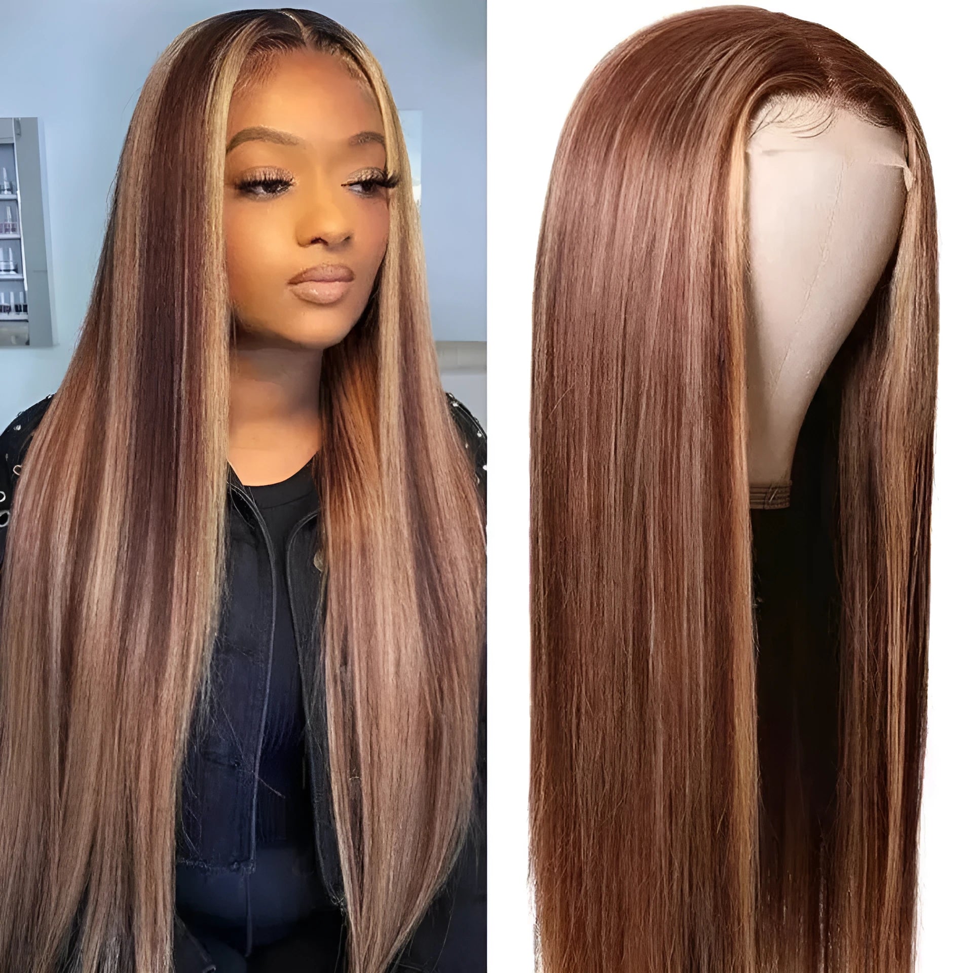 Front lace human hair headgear wig in 4/27 colour with T-shaped hand-woven base, 150 density, 16 inch length